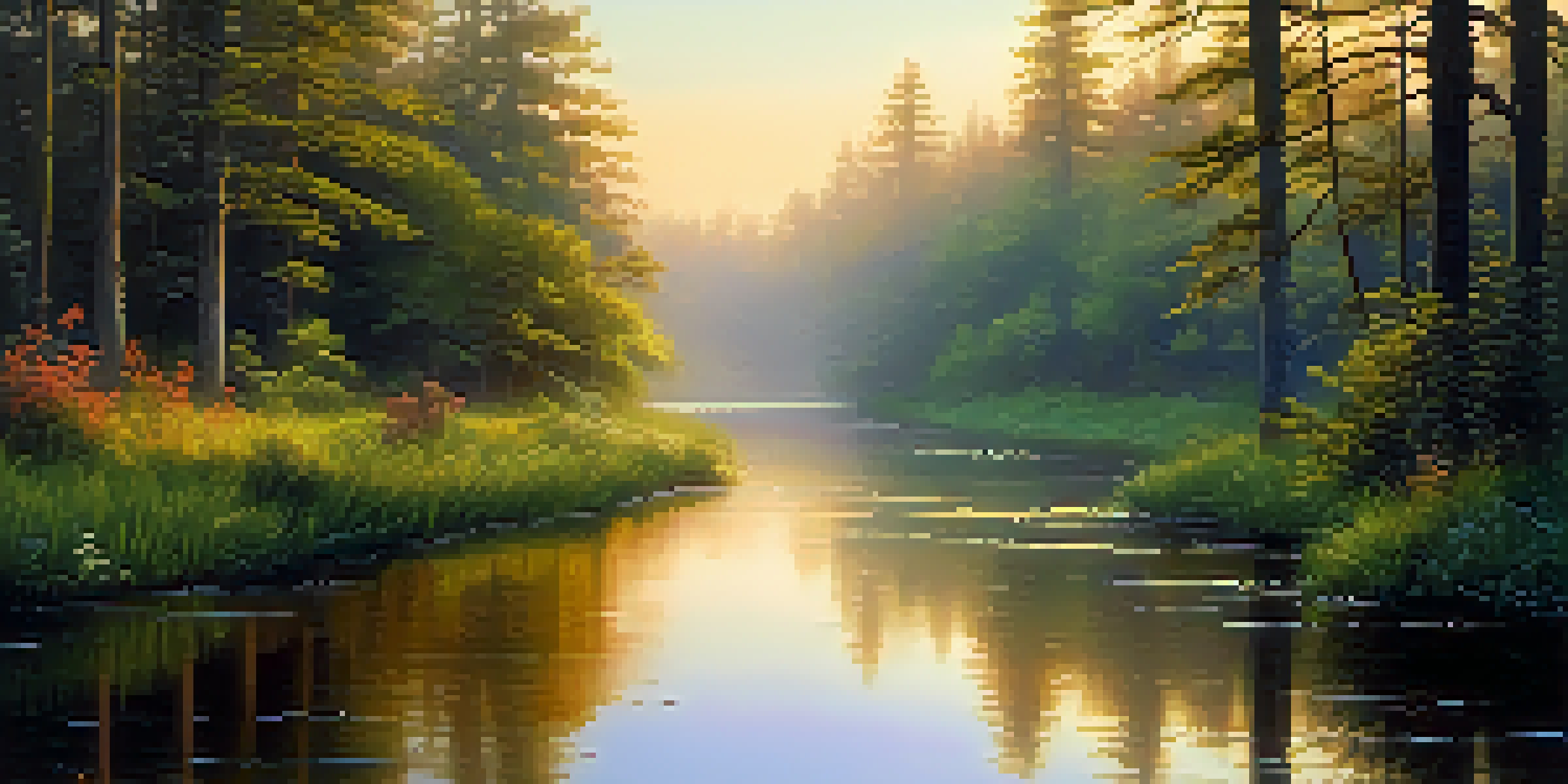 A tranquil forest landscape at dawn with a misty atmosphere, sunlight filtering through trees, and a calm river reflecting the sunrise.