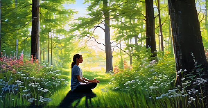 A person meditating in a tranquil forest surrounded by sunlight and wildflowers, creating a peaceful atmosphere.