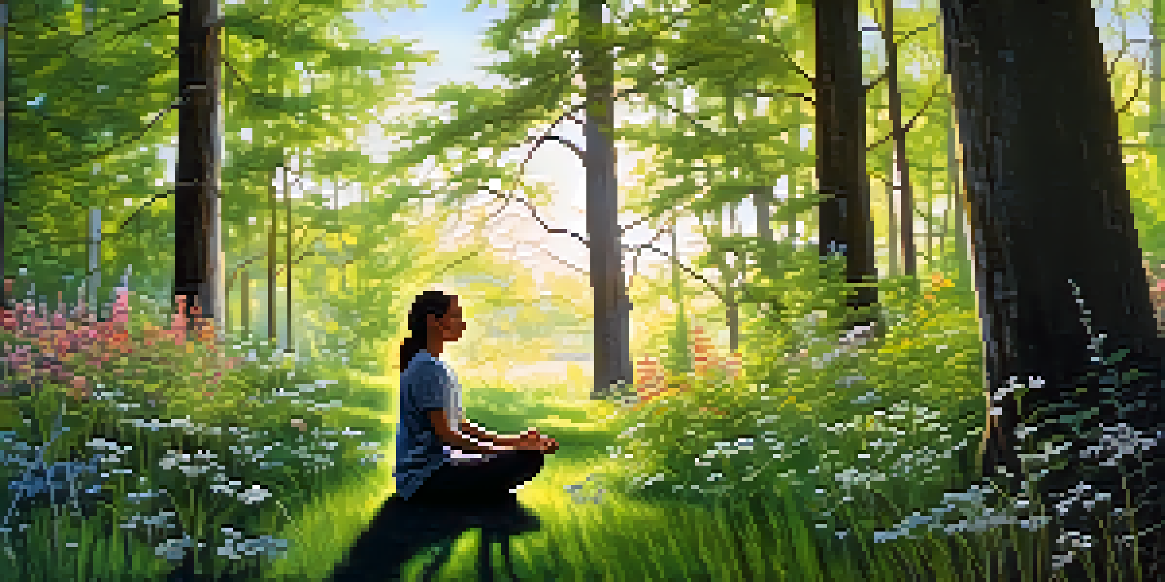 A person meditating in a tranquil forest surrounded by sunlight and wildflowers, creating a peaceful atmosphere.