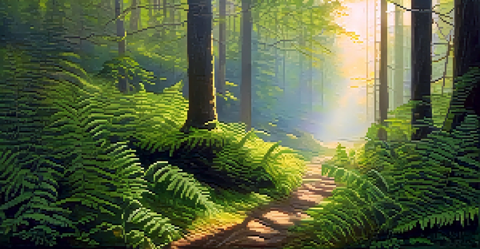 A peaceful forest at dawn, featuring mist, sunlight filtering through trees, and a winding path.