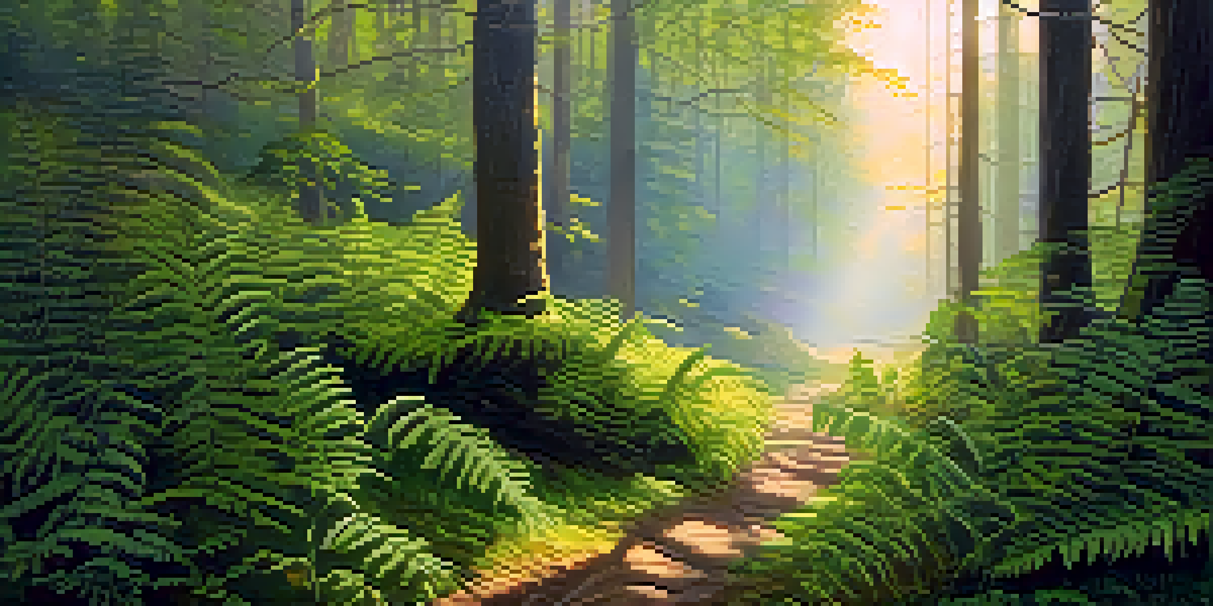 A peaceful forest at dawn, featuring mist, sunlight filtering through trees, and a winding path.