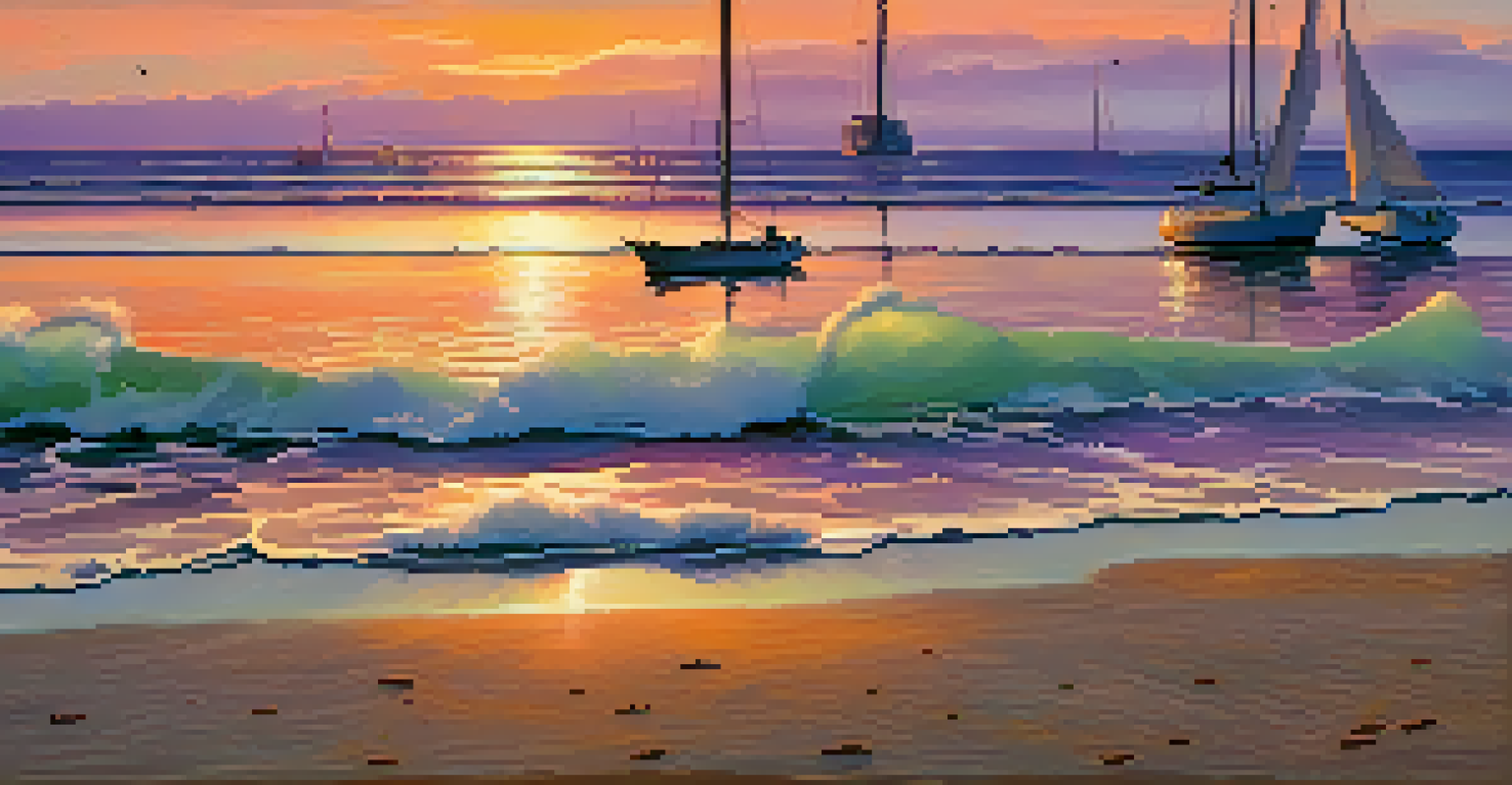 A peaceful ocean scene at sunset with colorful skies reflecting on the water, silhouettes of sailboats, and seashells on the beach.