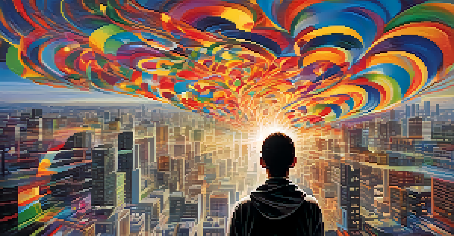 An abstract image of a human silhouette filled with colors against a blurred city background, symbolizing perception.