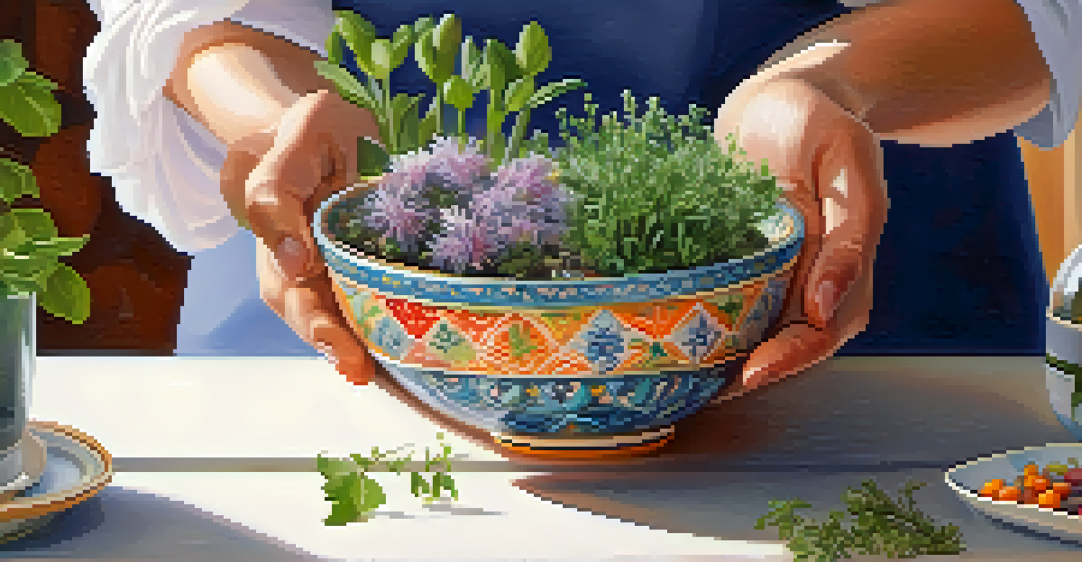 Close-up of hands holding a painted ceramic bowl filled with herbs and flowers, with a softly blurred peaceful indoor background.