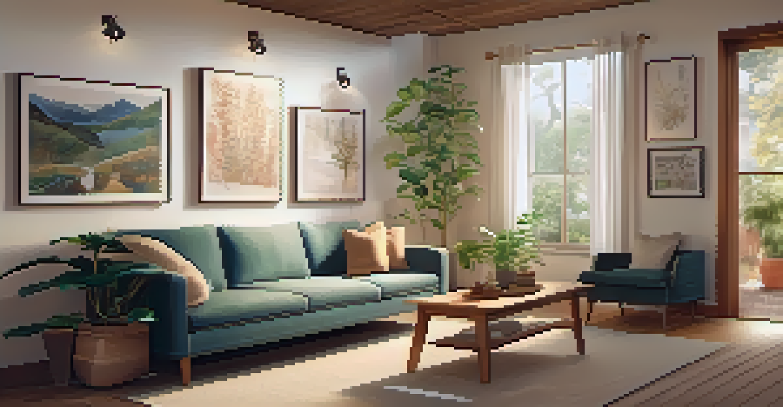 A cozy therapy room with soft lighting, a comfortable couch, calming artwork, and plants, creating a warm and inviting atmosphere.