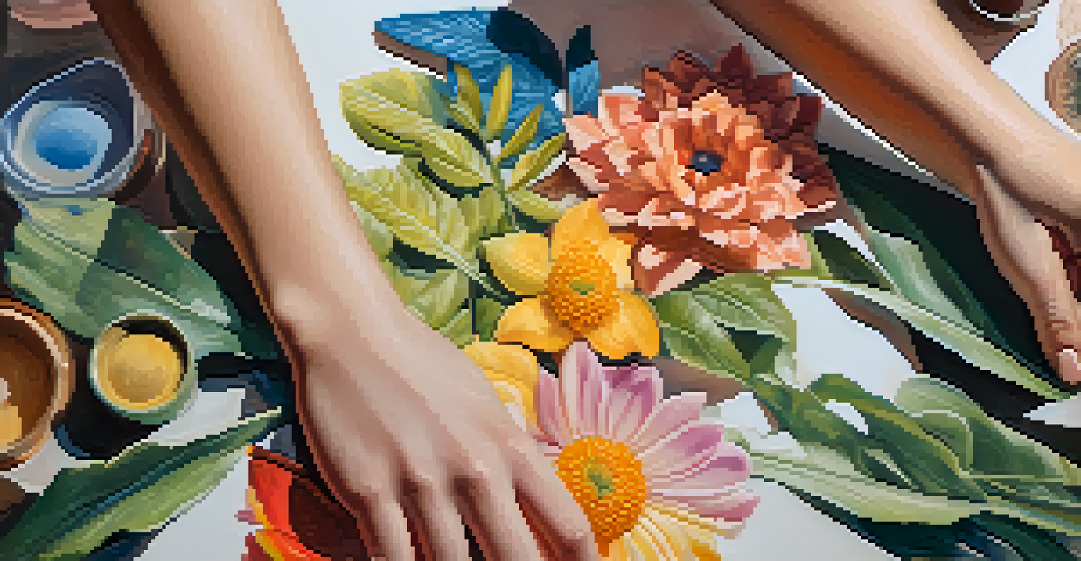 Close-up of hands painting a canvas with gender symbols and nature motifs, illuminated by natural light.