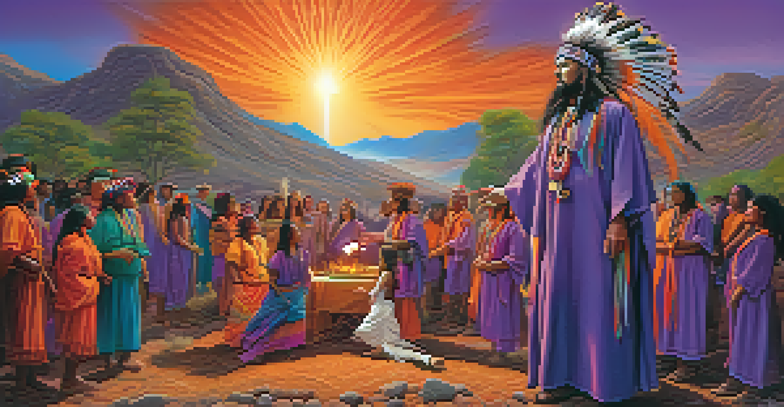 A shaman guiding participants in a hallucinogenic experience outdoors, surrounded by vibrant colors and a twilight sky.