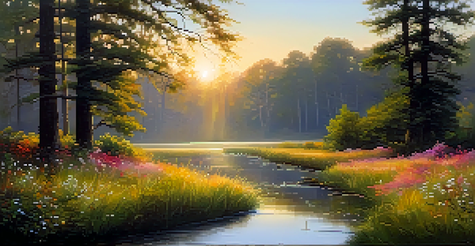 A peaceful forest landscape with a stream reflecting the sunrise, featuring golden light, trees, and colorful wildflowers.
