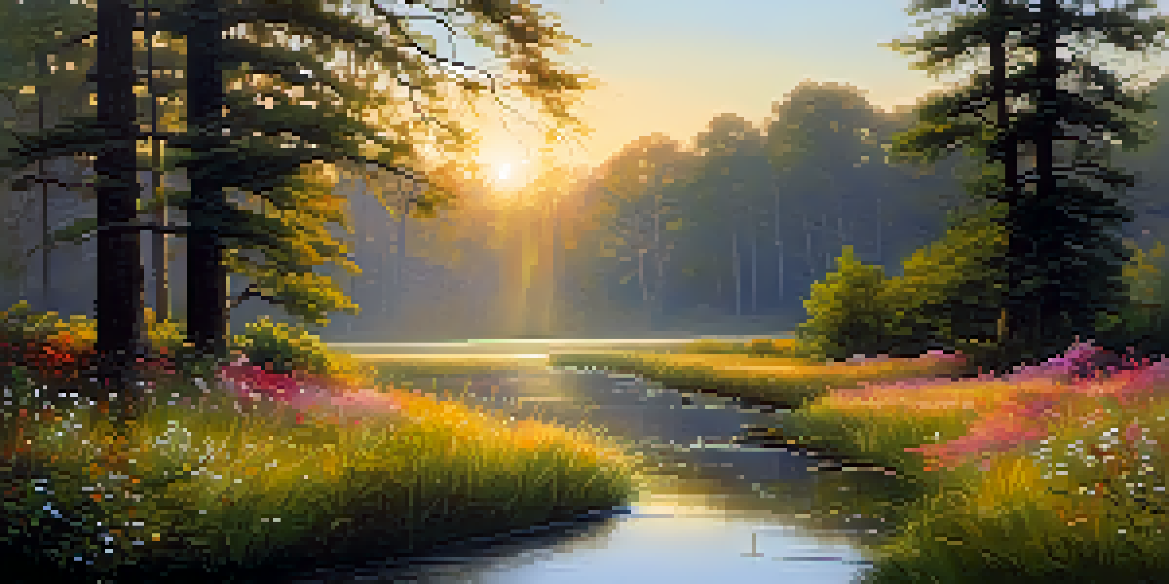 A peaceful forest landscape with a stream reflecting the sunrise, featuring golden light, trees, and colorful wildflowers.