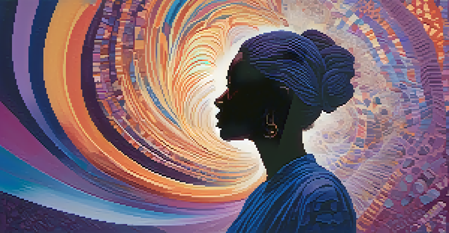 An abstract silhouette of a person surrounded by colorful swirling patterns and shapes, set against a gradient background of deep blues and purples.