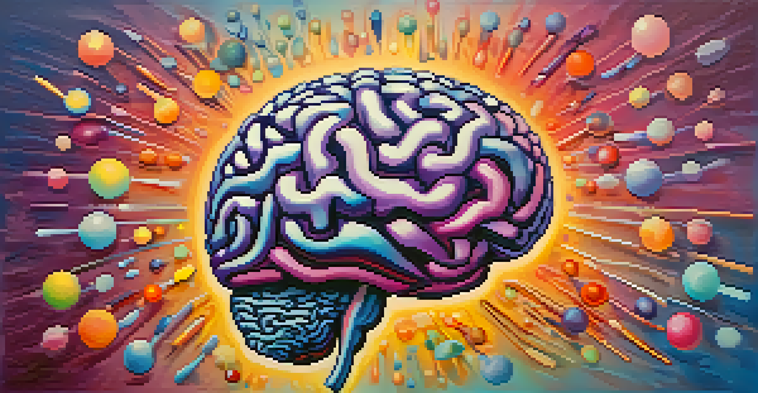 An artistic image of a brain surrounded by colorful abstract shapes, set against a dreamy blue and purple background.