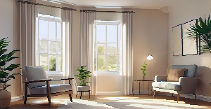 A cozy therapy room with soft lighting, an armchair, a small table with a plant, and calming artwork, illuminated by sunlight through sheer curtains.