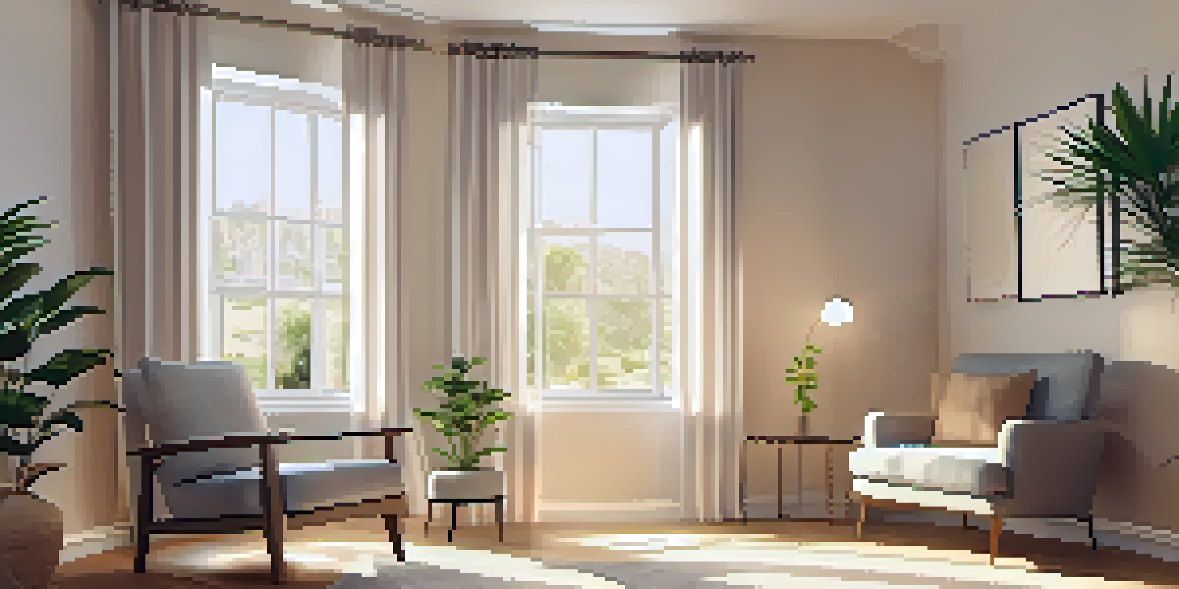 A cozy therapy room with soft lighting, an armchair, a small table with a plant, and calming artwork, illuminated by sunlight through sheer curtains.