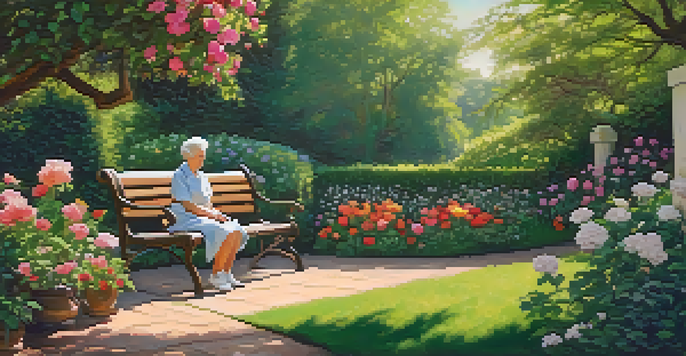 An elderly woman sitting on a bench in a vibrant garden, surrounded by flowers and greenery, with sunlight filtering through the leaves.