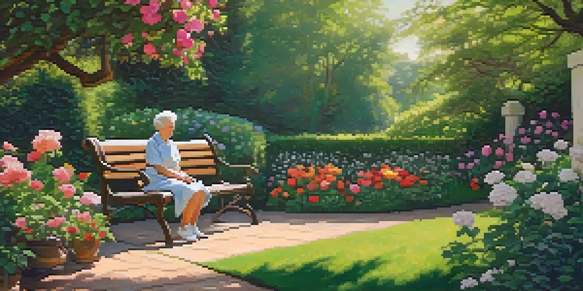 An elderly woman sitting on a bench in a vibrant garden, surrounded by flowers and greenery, with sunlight filtering through the leaves.