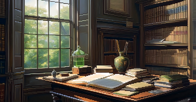 A cozy 19th-century writer's study with sunlight pouring in, vintage books, and a quill on a wooden desk, surrounded by nature.