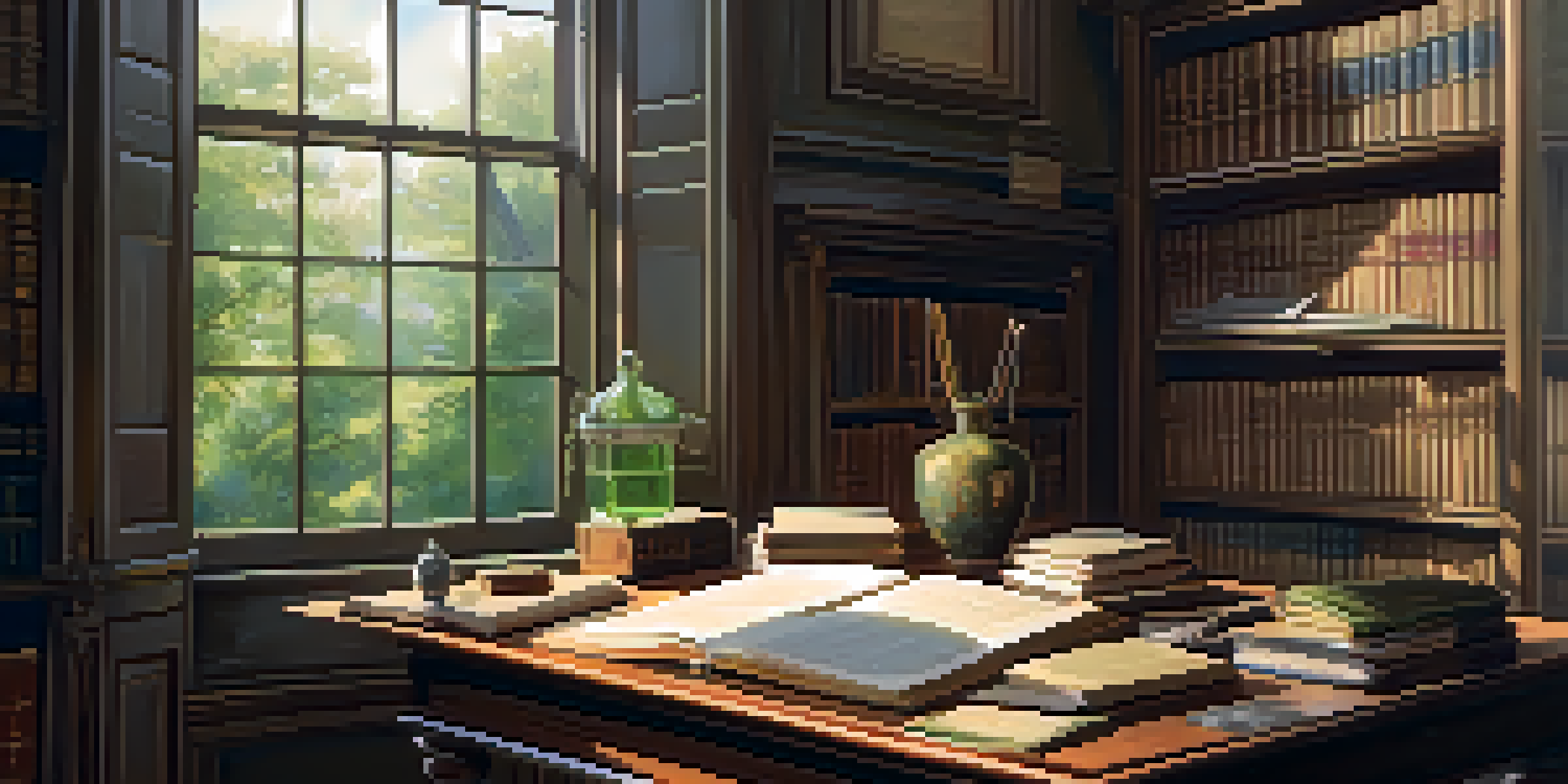 A cozy 19th-century writer's study with sunlight pouring in, vintage books, and a quill on a wooden desk, surrounded by nature.