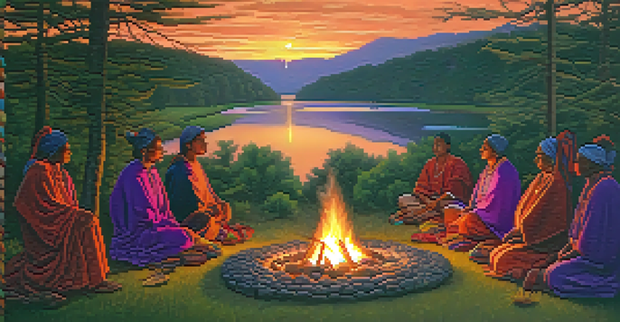 A traditional indigenous ceremony taking place at sunset with participants in colorful clothing around a fire, surrounded by greenery and a colorful sky.