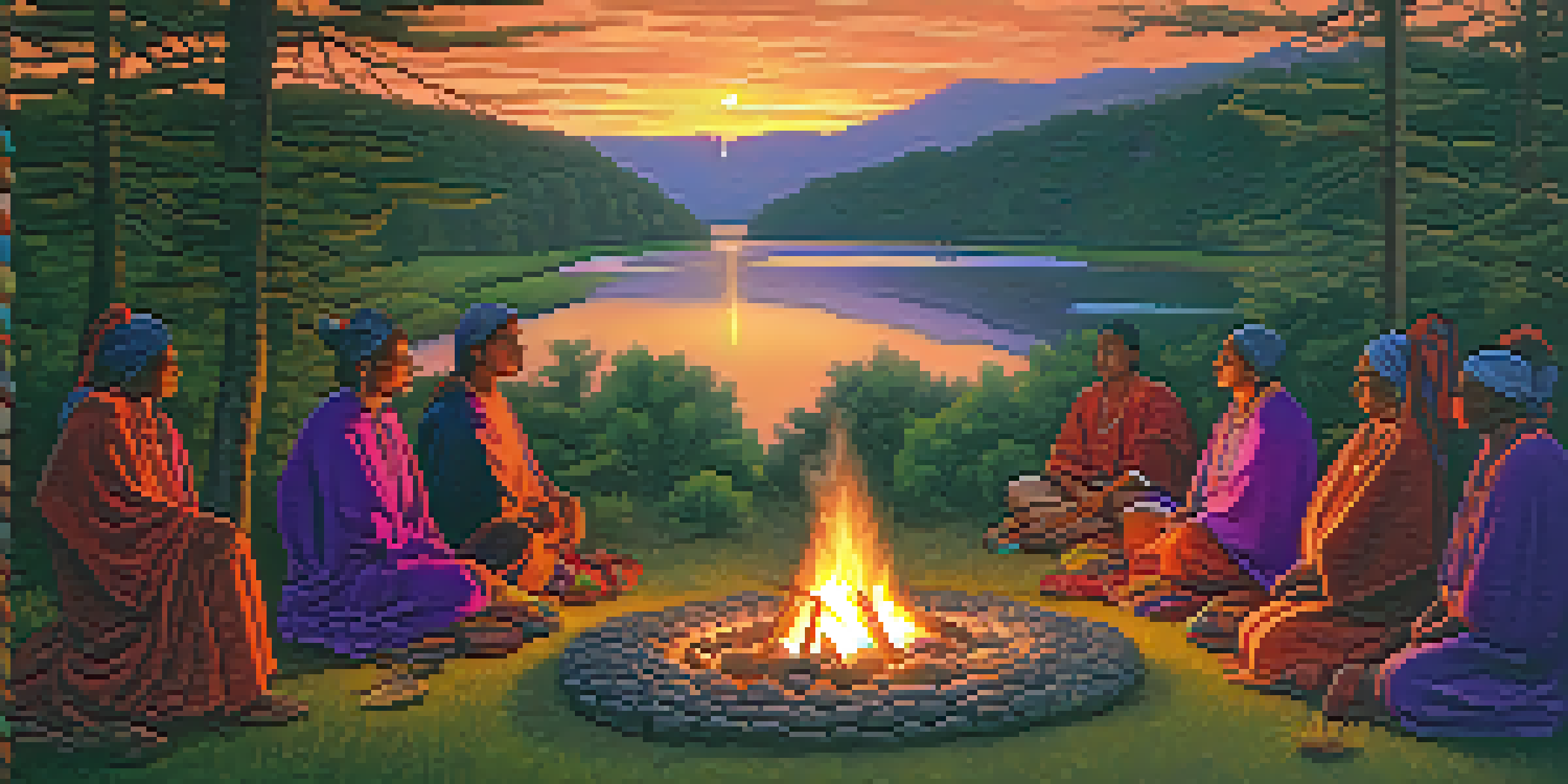 A traditional indigenous ceremony taking place at sunset with participants in colorful clothing around a fire, surrounded by greenery and a colorful sky.