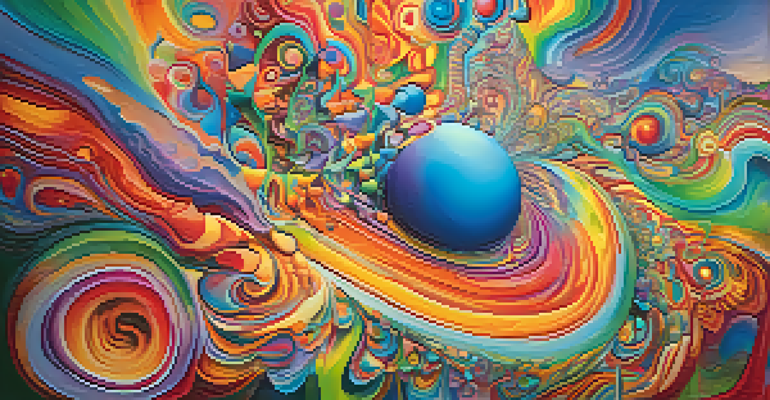 An abstract representation of the mind exploring hallucinogenic experiences with colorful swirling patterns.
