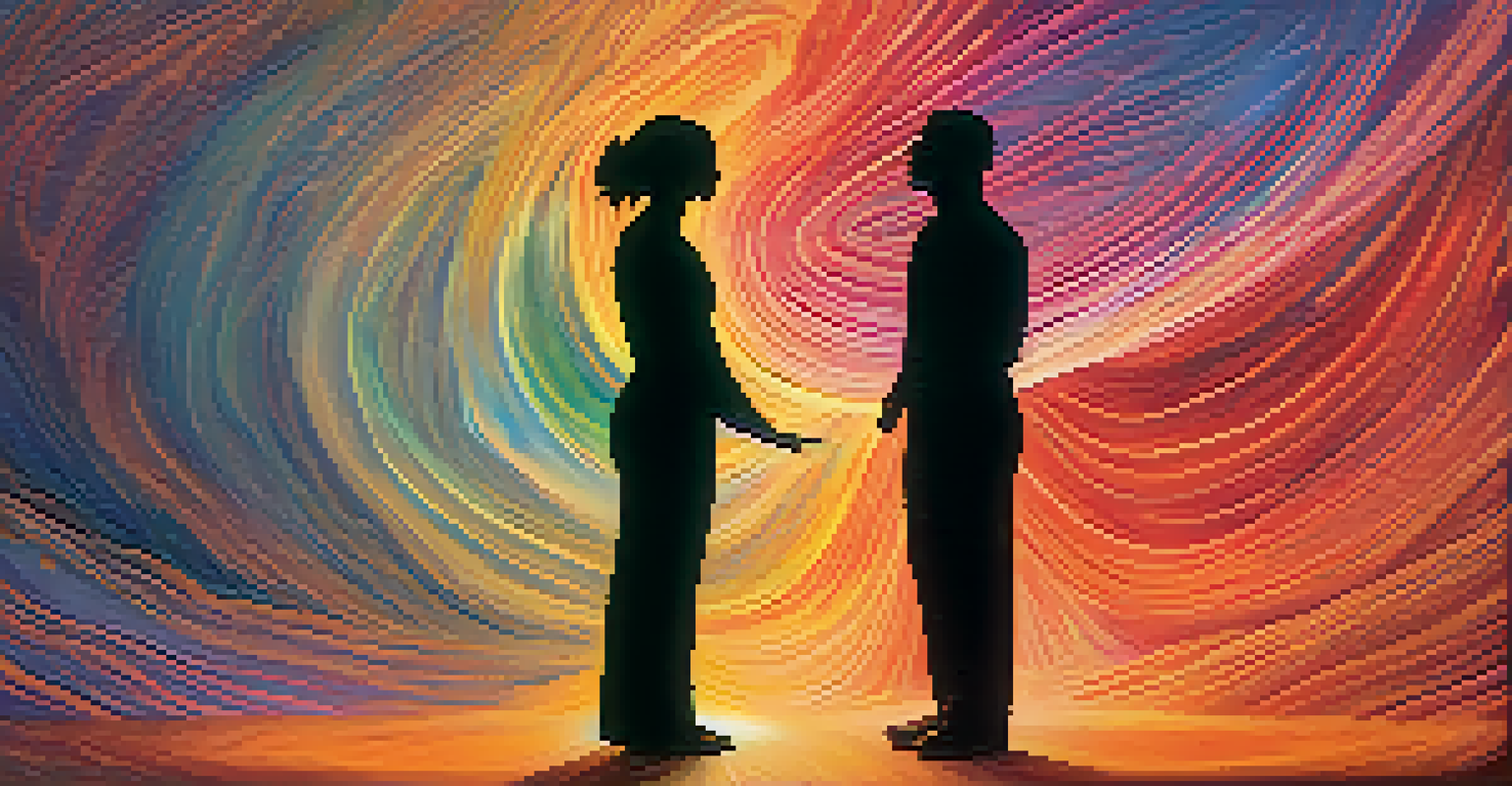 Two silhouettes facing each other with a colorful aura connecting them, set against a warm gradient background.