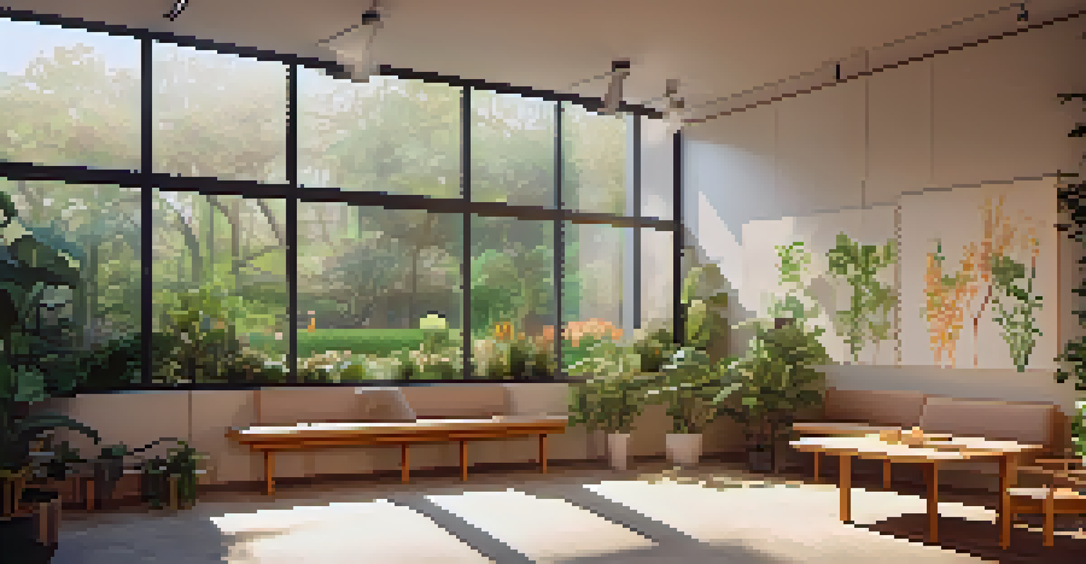 An indoor workshop space with comfortable seating and warm lighting, overlooking a peaceful garden.
