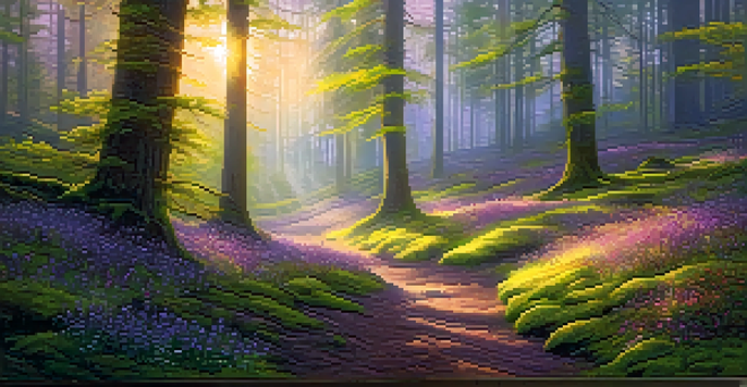 A tranquil forest scene at sunrise, with sunlight shining through trees and colorful flowers on the forest floor.