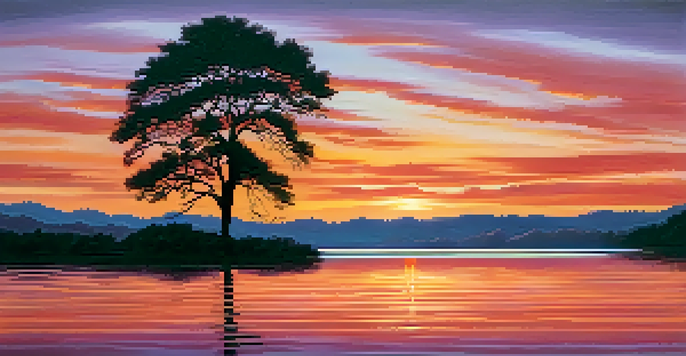 A tranquil sunset over a lake with reflections of orange and pink hues, featuring a silhouetted tree in the foreground.