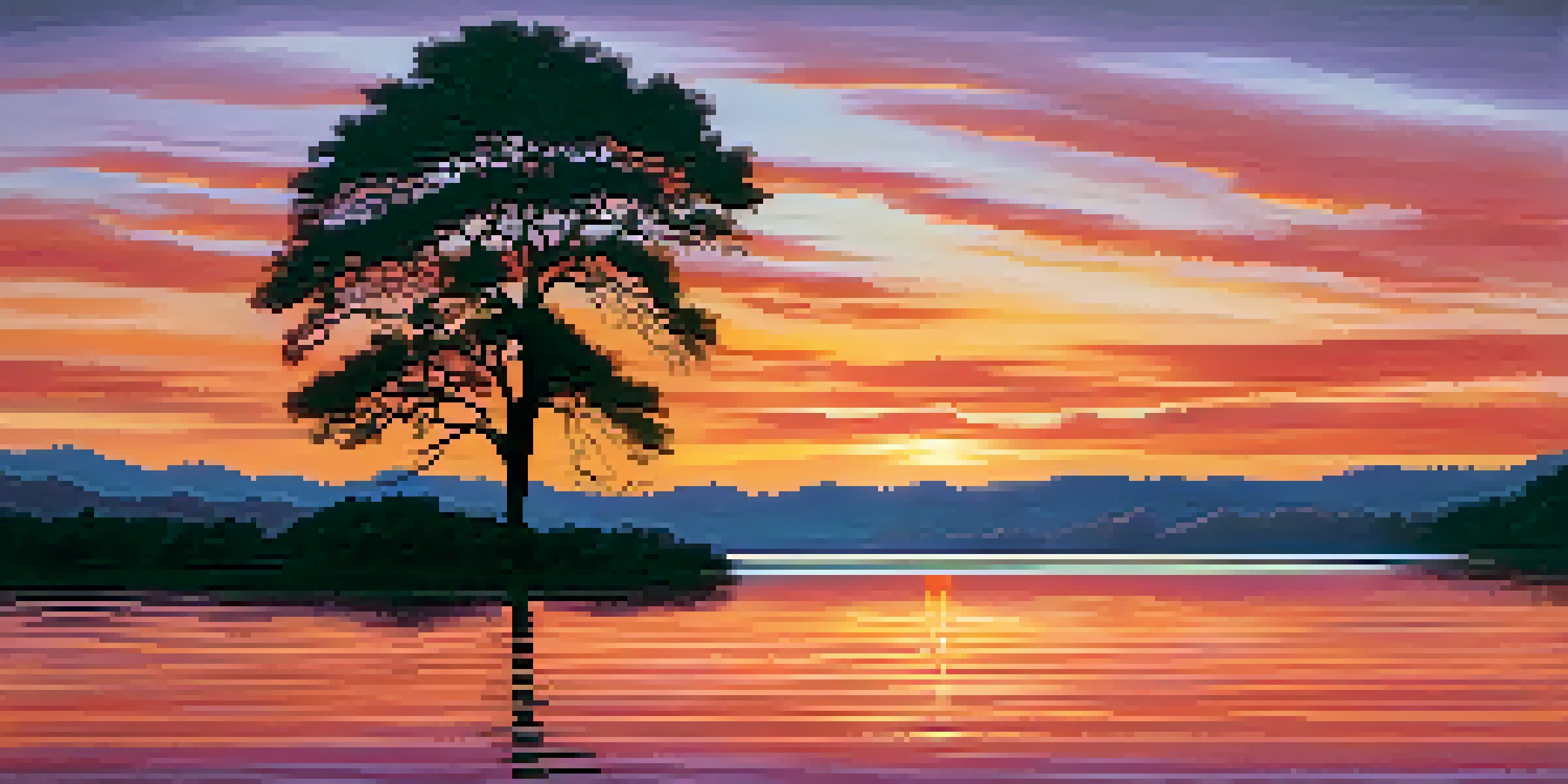 A tranquil sunset over a lake with reflections of orange and pink hues, featuring a silhouetted tree in the foreground.