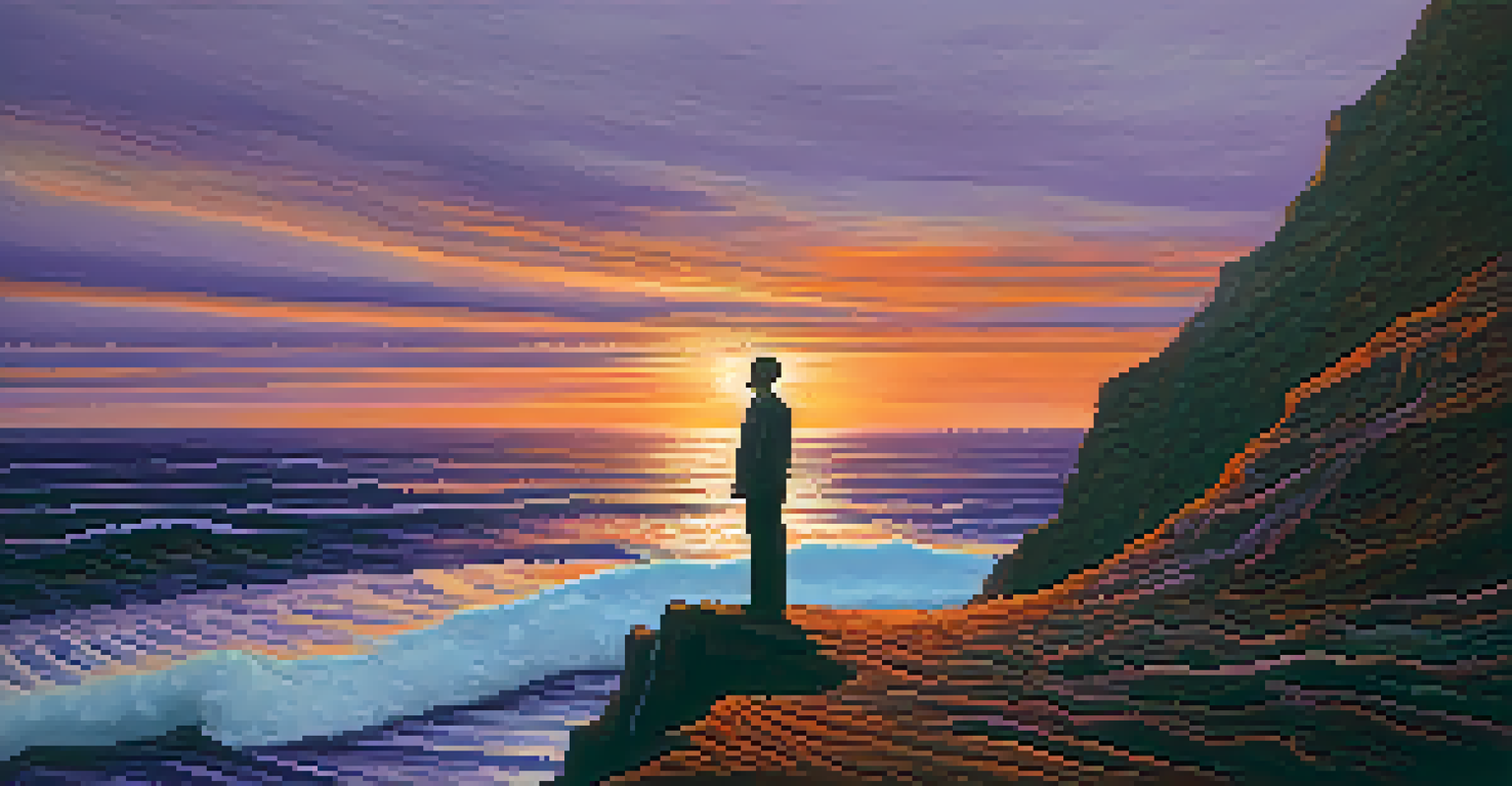 A figure standing on a cliff at sunset, gazing over an ocean, representing emotional readiness and contemplation before a transformative experience.