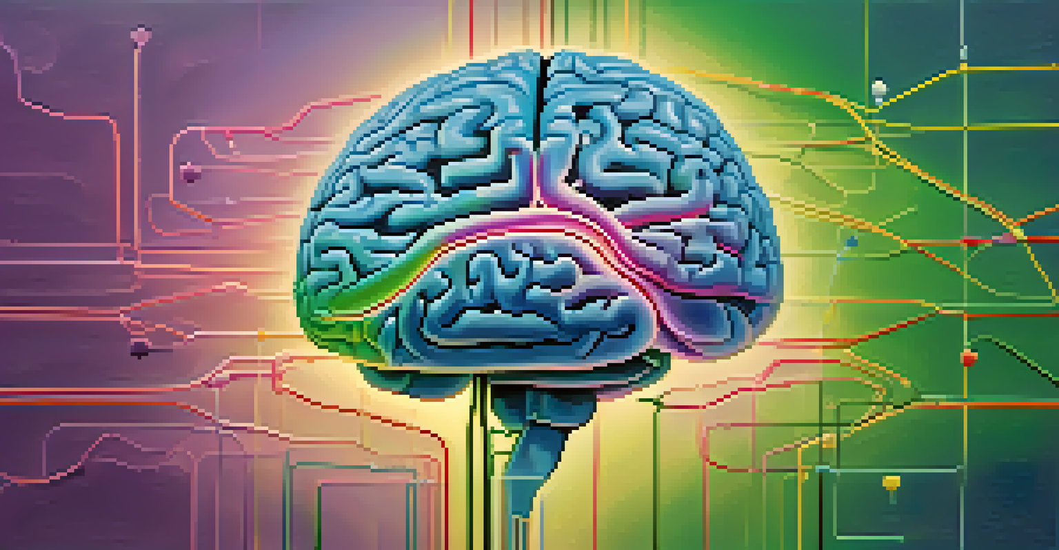An abstract illustration of the brain with highlighted serotonin pathways in bright colors on a purple and pink gradient background.