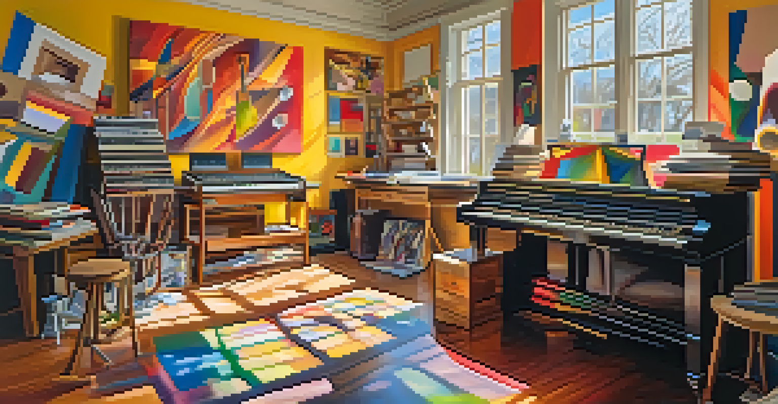 An artist's studio with canvases and instruments, sunlight illuminating vibrant artwork that represents sound waves.