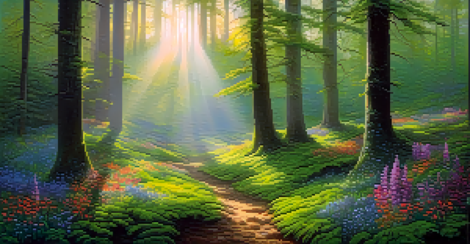 A peaceful forest at dawn with sunlight streaming through the trees, highlighting moss and wildflowers in a misty atmosphere.