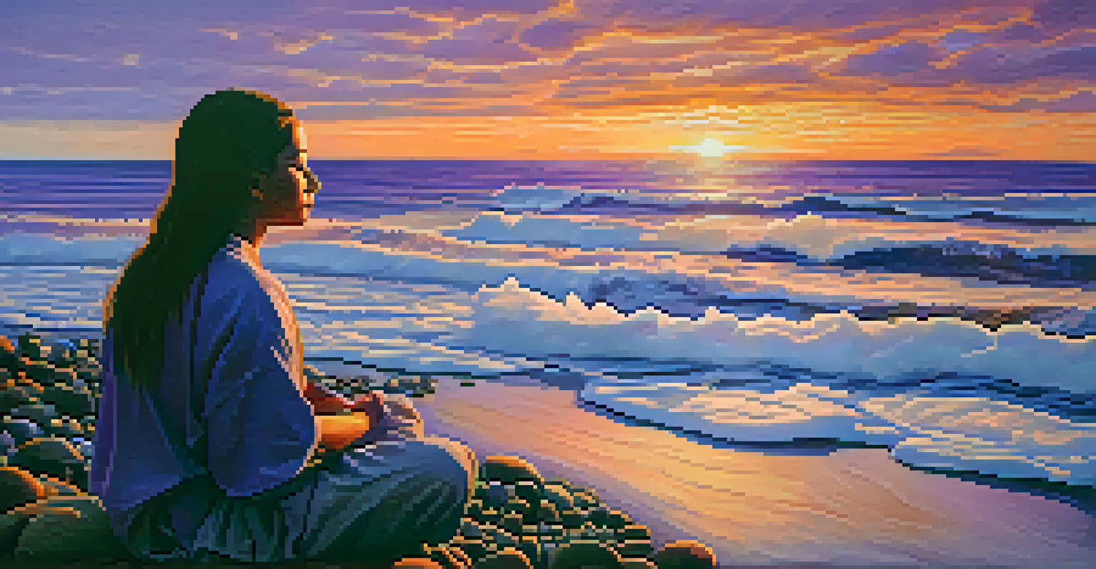 A person meditating on a beach during sunset, with colorful skies and gentle waves, symbolizing mindfulness and connection to time.