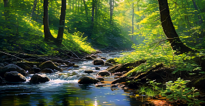 A peaceful forest scene with sunlight filtering through leaves and a small stream flowing gently.