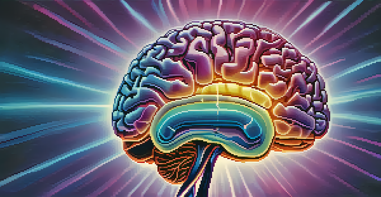 A colorful illustration of a brain with glowing neural connections, symbolizing transformation and healing against a blue and purple background.