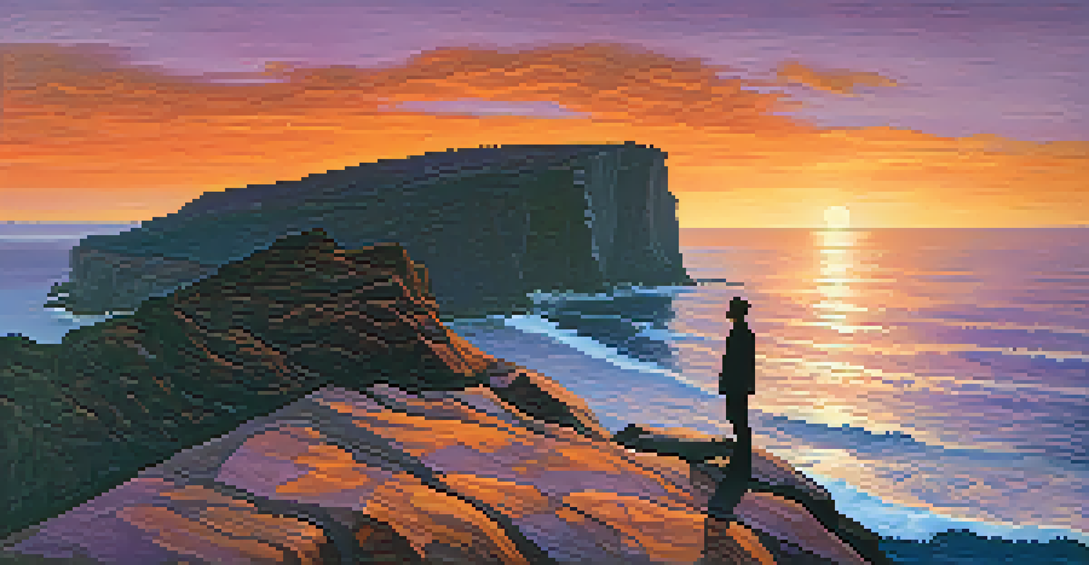 A silhouette of a person standing on a cliff at sunset, looking over the ocean.