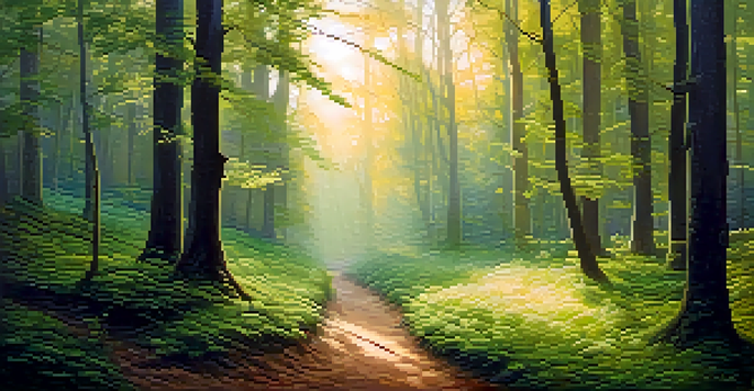 A peaceful forest at dawn with sunlight filtering through trees and a misty path.