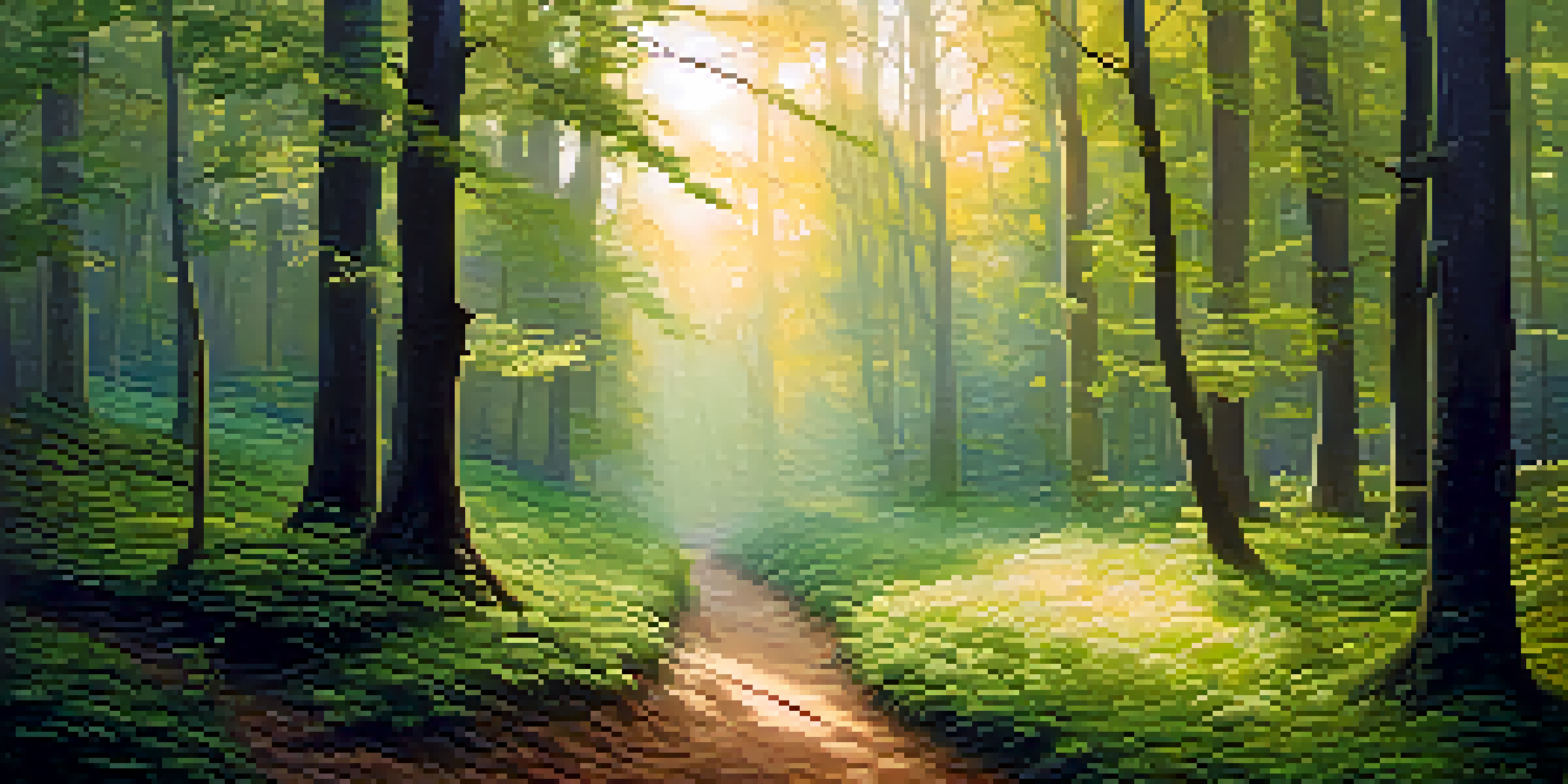 A peaceful forest at dawn with sunlight filtering through trees and a misty path.