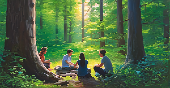 A group of people sitting in a circle on the forest floor, engaged in conversation amidst trees under twilight.