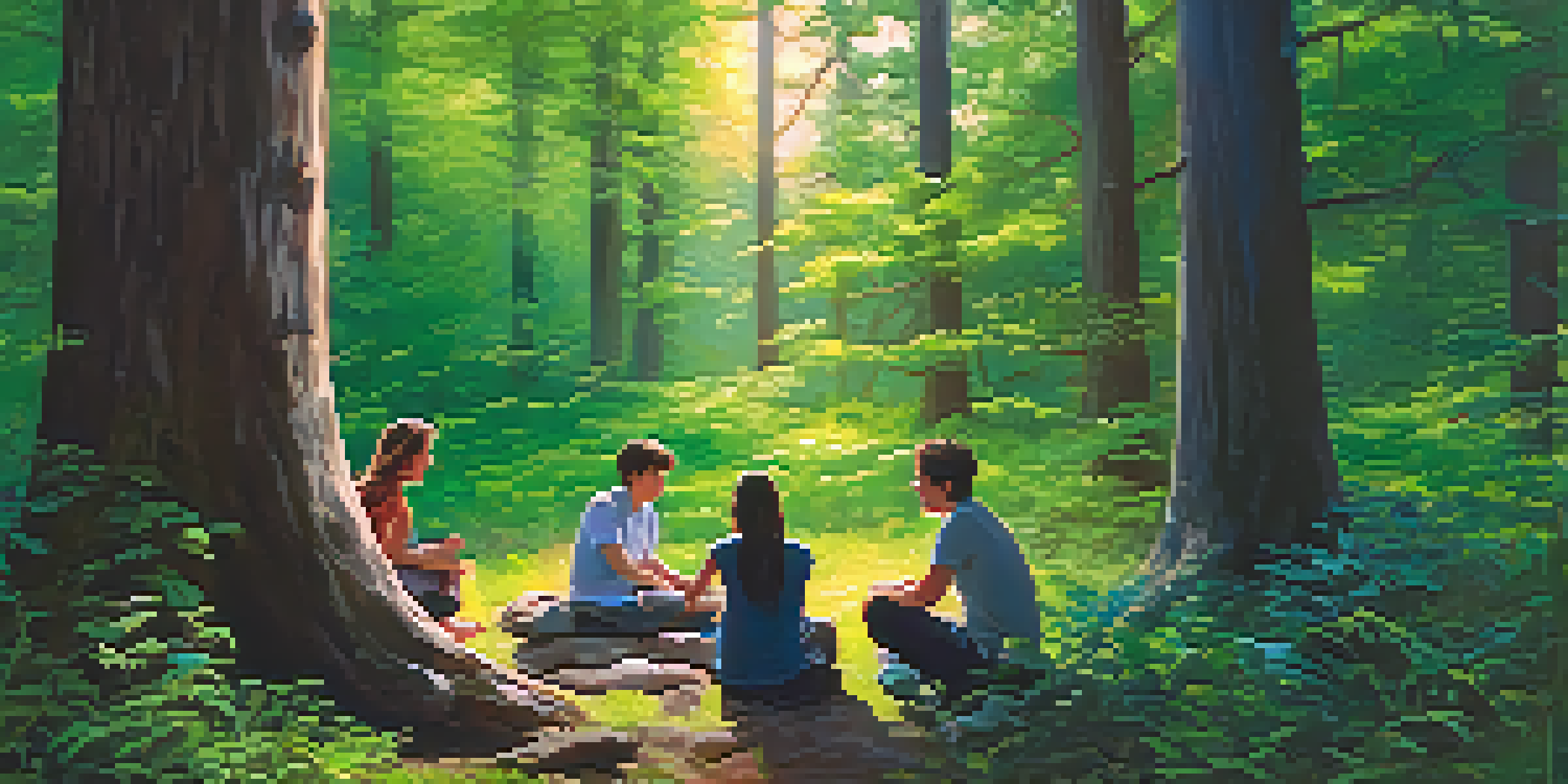 A group of people sitting in a circle on the forest floor, engaged in conversation amidst trees under twilight.