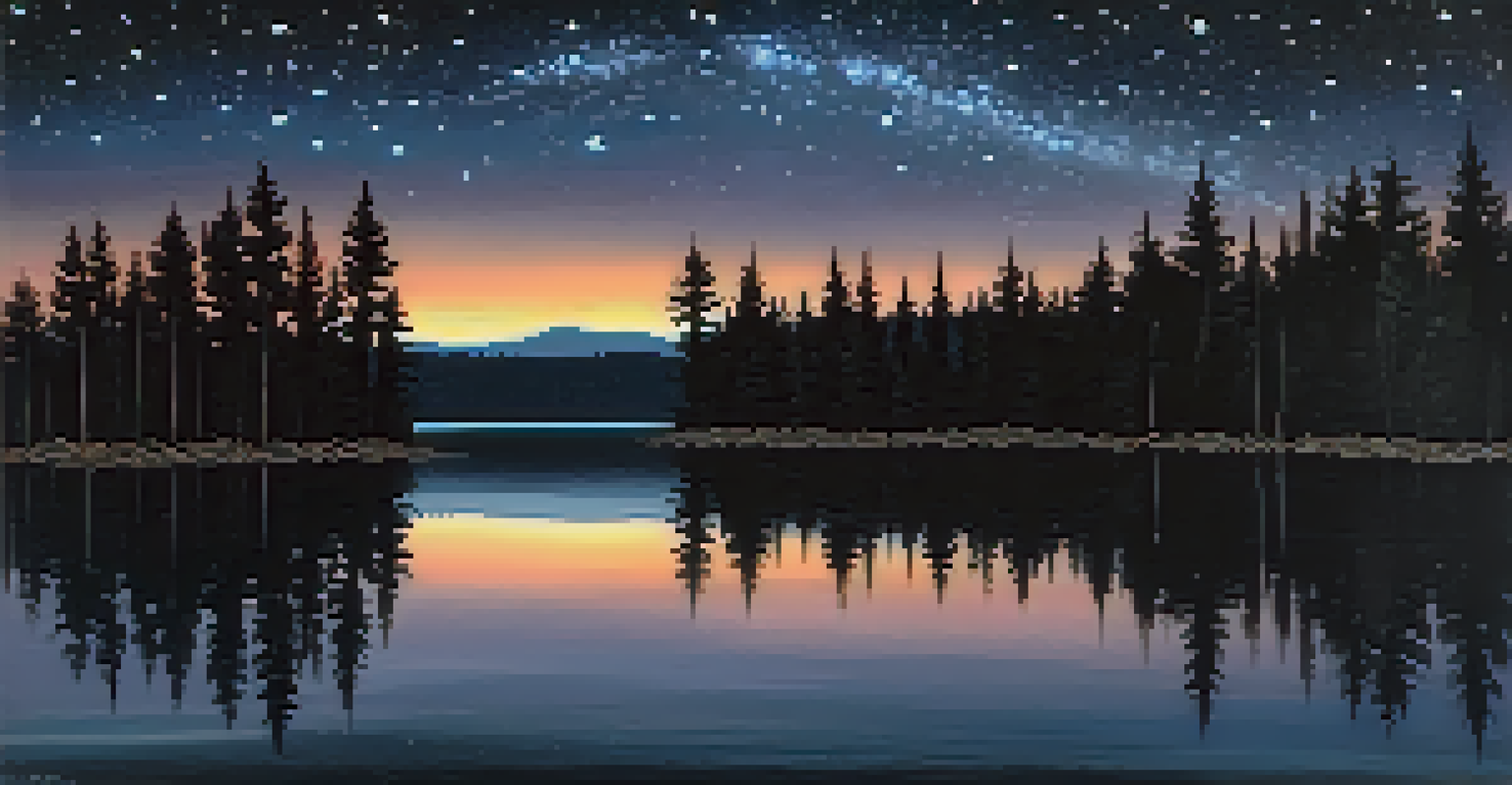 A peaceful night scene with a starry sky reflected on a calm lake, surrounded by silhouetted trees.