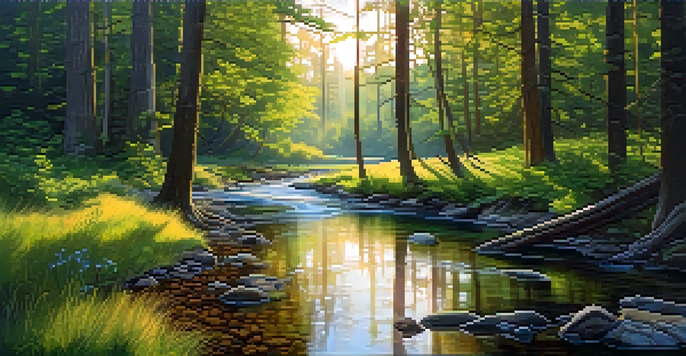 A peaceful forest at dawn with sunlight filtering through trees and a stream flowing in the foreground.
