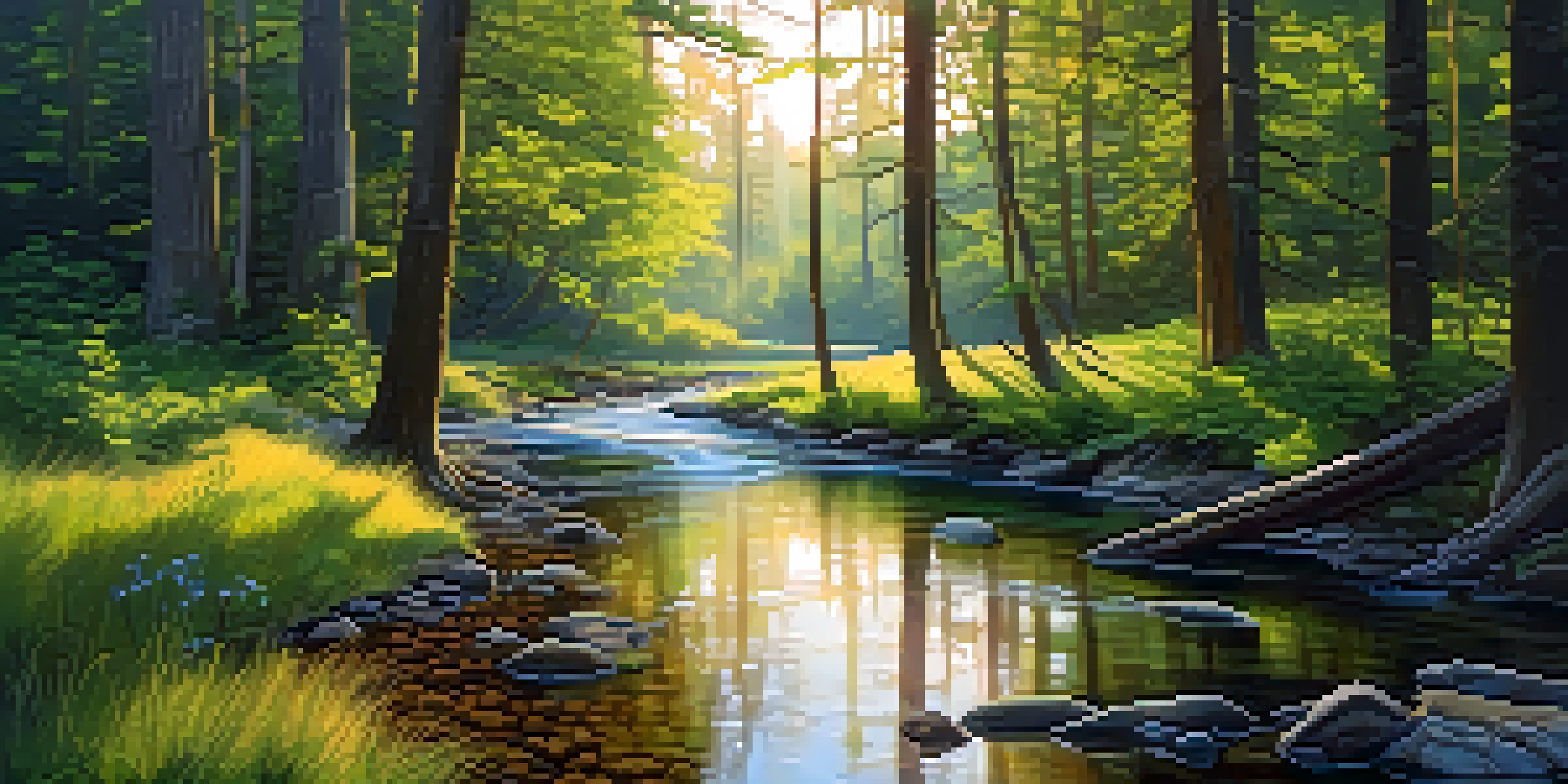 A peaceful forest at dawn with sunlight filtering through trees and a stream flowing in the foreground.