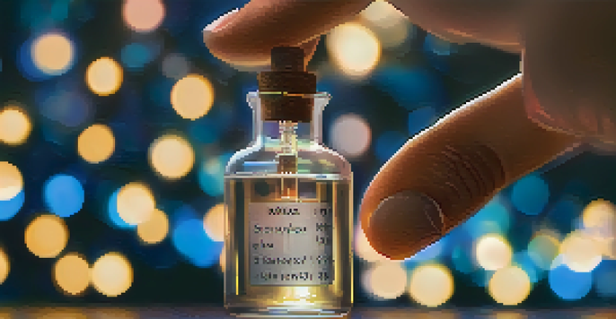 A close-up of a hand holding a vial labeled 'MDMA' with soft bokeh lights in the background.