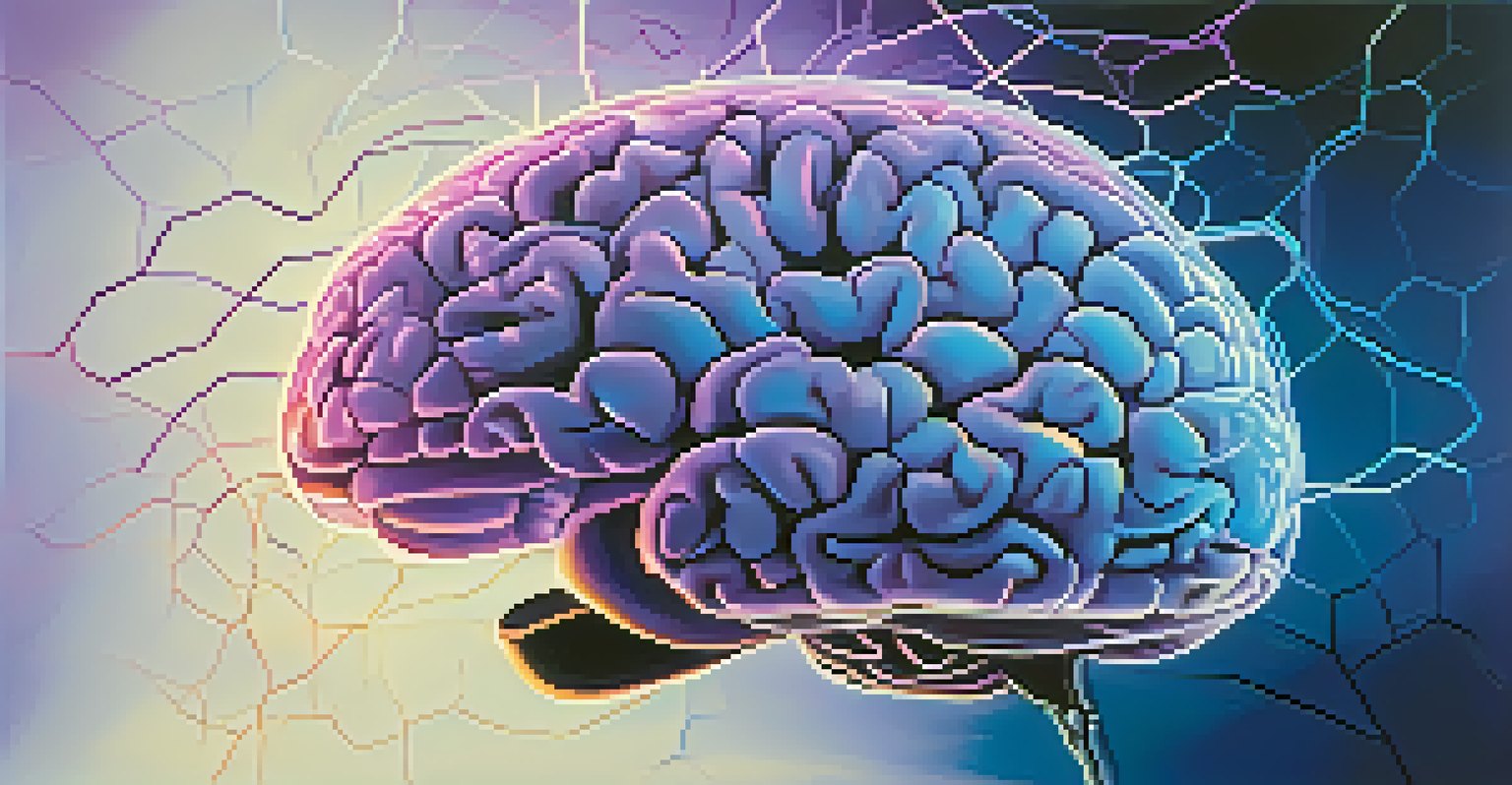 An abstract illustration of a brain with glowing neural connections on a gradient background of blue and purple hues.