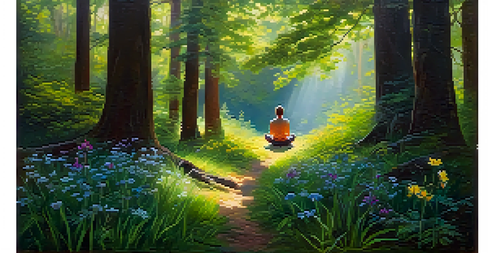 A person meditating in a tranquil forest clearing filled with colorful wildflowers and dappled sunlight.