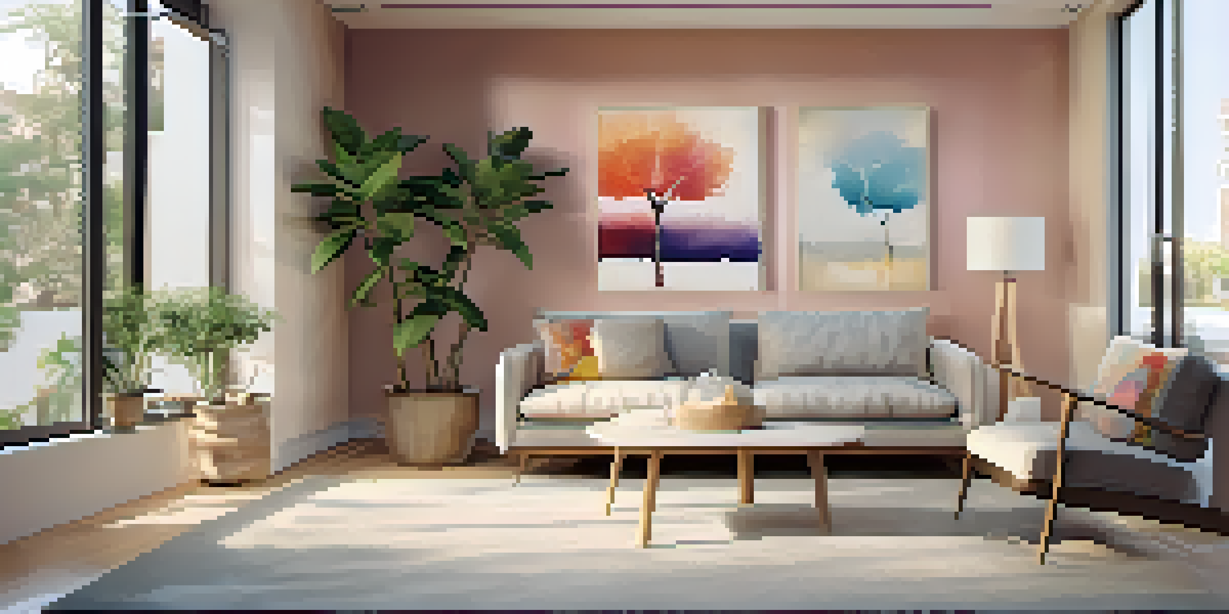 A peaceful therapy room with natural light, a couch, a table with a plant, and colorful artwork, creating a safe and calming environment.
