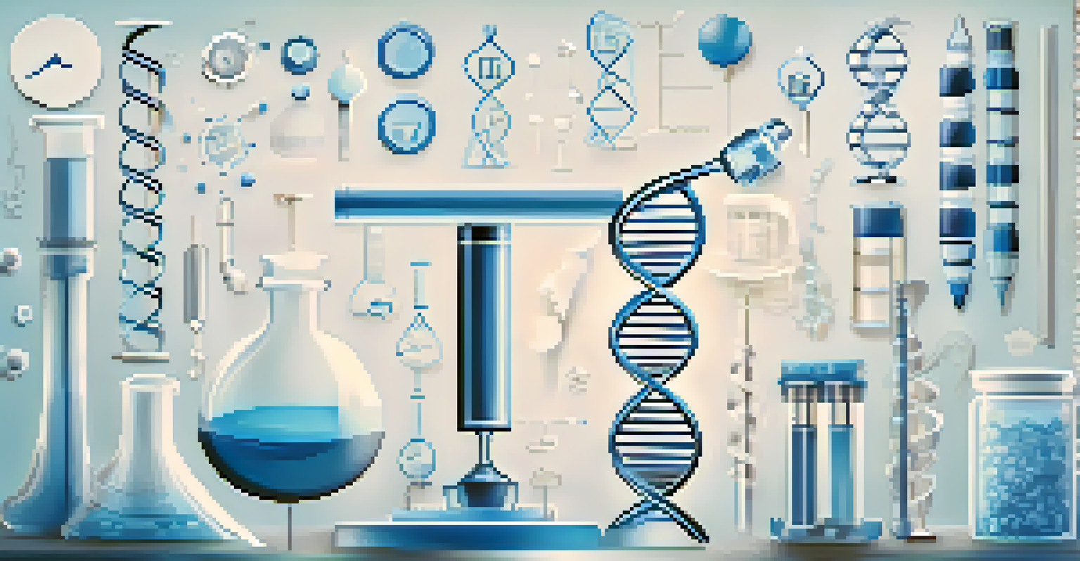 A DNA double helix with icons of genetic research like a microscope and test tubes on a blue and white gradient background.