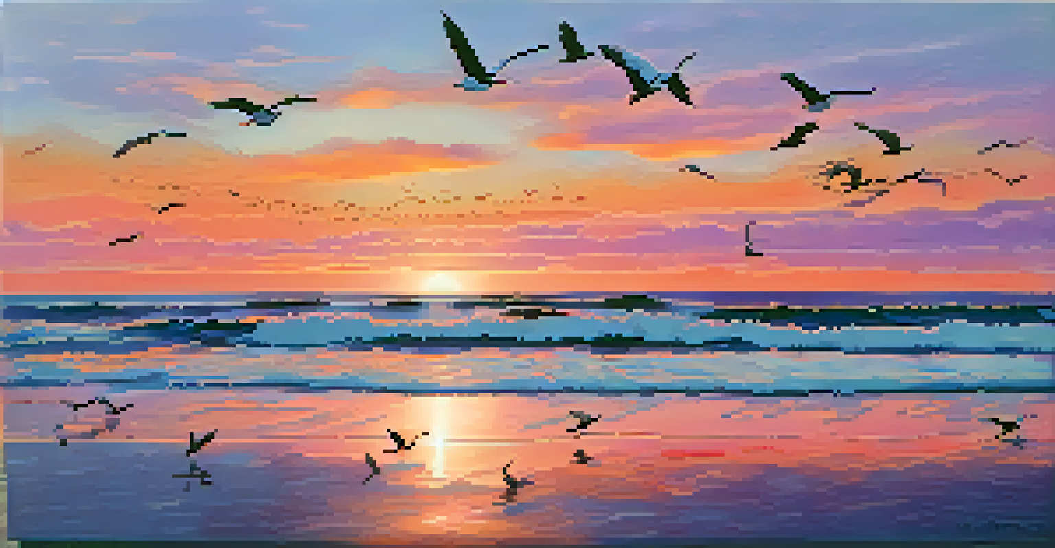 A stunning sunset over the ocean with colorful skies and gentle waves, creating a serene coastal scene.
